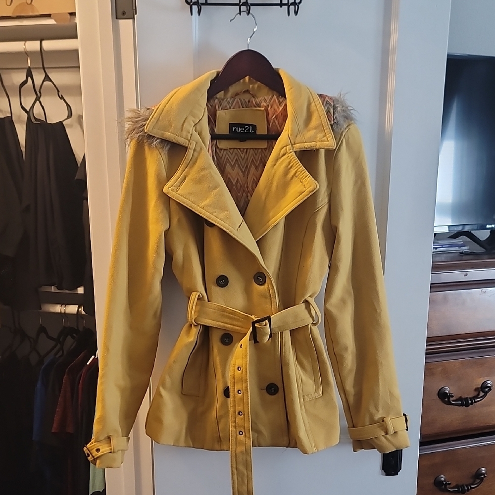 Forever 21 Mustard Double-Breasted Trench Peacoat